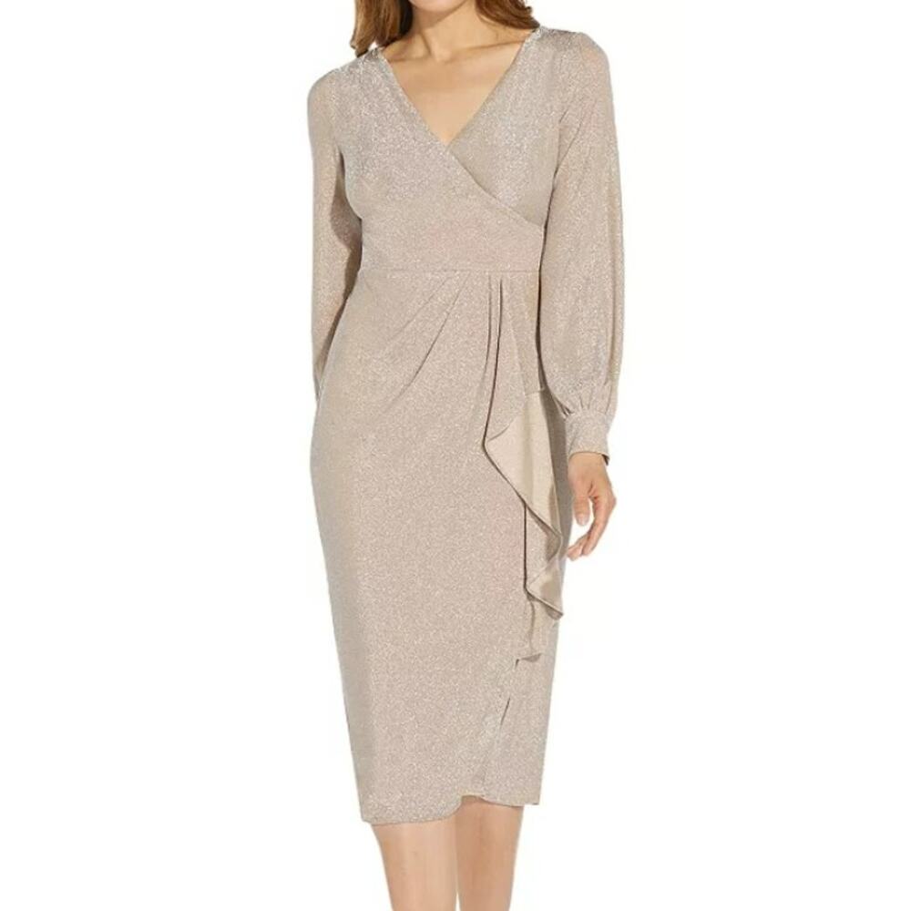 ADRIANNA PAPELL 2 XS Gold Champagne Metallic Knit Draped Midi Dress NWT B75